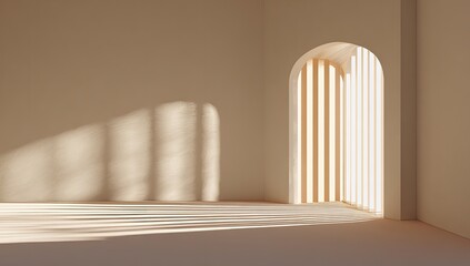 Obraz premium Sunlit minimalist room with arched doorway featuring vertical slats, casting soft shadows on pale walls and floor
