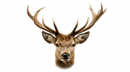 Majestic Deer Head with Sharp Horns on White Background