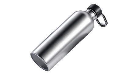 Sleek Silver Water Bottle with Black Cap and Handle Detail.