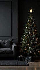 Sleek black furniture, minimalist Christmas decor, dramatic lighting, aesthetic, glow