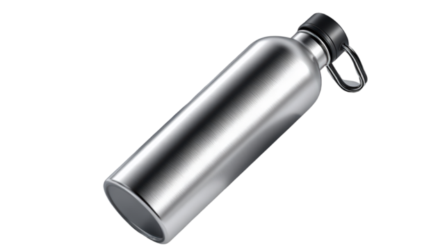 Sleek Silver Water Bottle with Black Cap and Handle Detail.