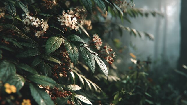 Enchanted Forest: Delicate White Blossoms and Lush Green Foliage in Misty Sunlight