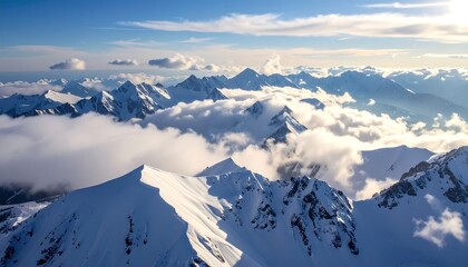 A majestic vista unfolds over snow-capped mountain peaks, shrouded in a sea of clouds, bathed in the morning light.
