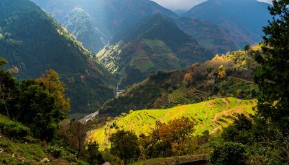 Obraz premium A serene valley unfolds, showcasing terraced fields and towering mountains bathed in sunlight.