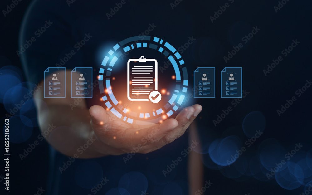 Poster digital document management and online contract approval concept with secure file sharing, electroni