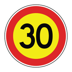 Maximum Speed Limit 30 Sign – Circular Red Border with Yellow Background  Regulatory Road Safety Vector