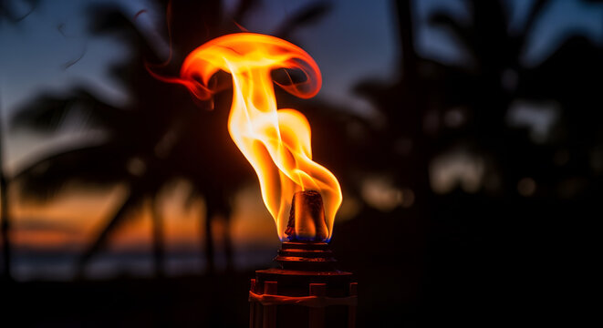 Close-up of colorful tiki torch flames at dusk, dark background.