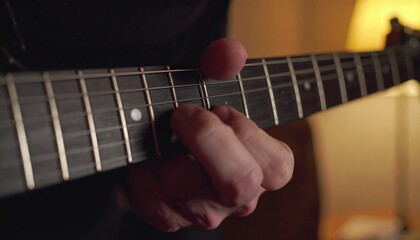 Fototapeta premium Close-up view of a person's hands playing a dark-colored electric guitar, focusing on the fretboard and fingers.
