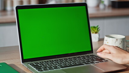 Unrecognizable woman typing greenscreen laptop computer at light kitchen closeup