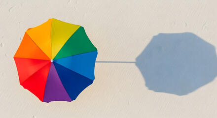 Colorful beach umbrella casting soft shadows on white sand, top view.
