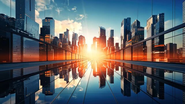City Skyline at Sunrise: A breathtaking view of a modern city skyline at dawn, with the sun's radiant glow casting a vibrant reflection on a glass surface.