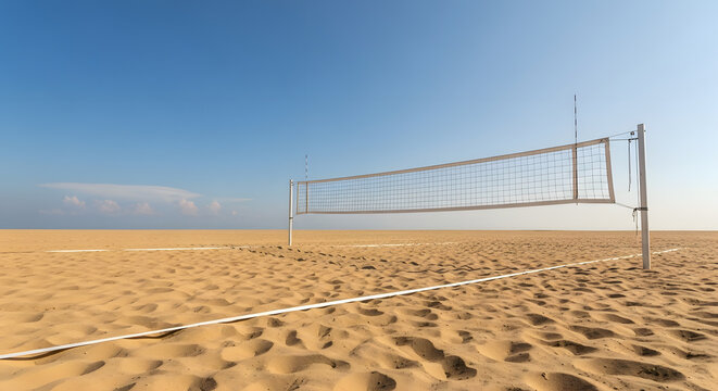Beach volleyball net with empty court, blue sky, crisp details.