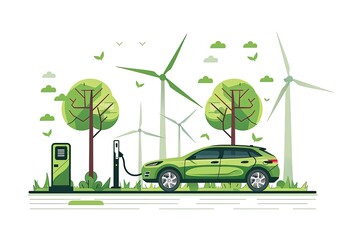 Green EV charging station, wind turbines, nature