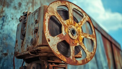 Obraz premium Vintage Outdoor Cinema: The Vintage Analog Rotary Film Projector On Display, Showing Signs Of Age And Rust. Enjoy A Classic Movie Experience.