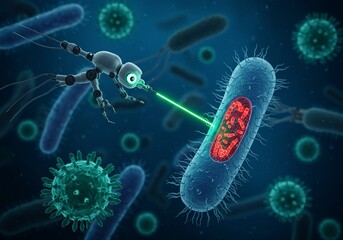 Nanobot with green laser targets bacteria cell, surrounded by viruses in a microscopic view
