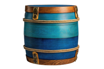 Wooden barrel with blue and brown bands
