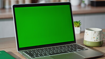 Fingers touching greenscreen laptop sitting cuisine closeup. Lady working pc
