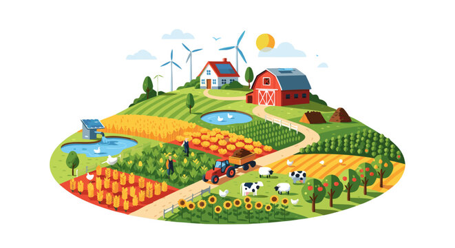 A sustainable agriculture concept showcasing eco-friendly farming practices and renewable energy sources integrating nature with modern agricultural