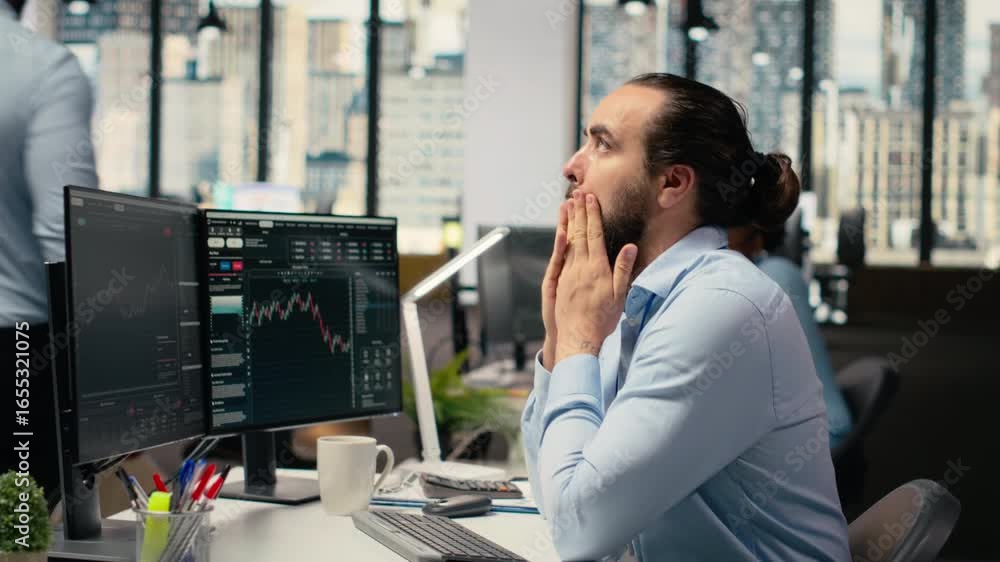 Poster trader in office expresses concern as investment portfolio value declines after unexpected market ev