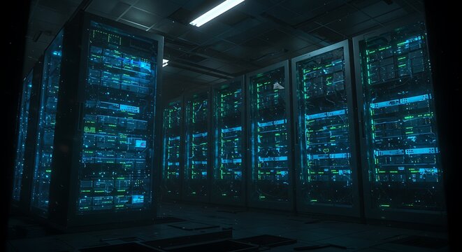 Cybersecurity Server Room: Dark, Futuristic, High-Tech Data Center Interior - Powered by Adobe