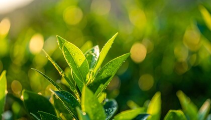 Fresh, vibrant green leaves covered in morning dew, bathed in sunlight, showcasing a serene and tranquil natural scene.