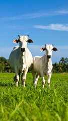 Fototapeta premium Two white cows in a grassy field under a clear blue sky (1)