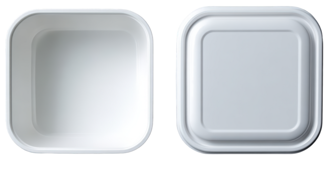 Two White Plastic Food Containers One Open and One Closed.