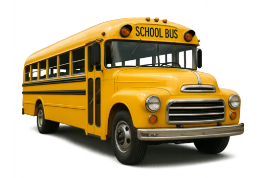 Realistic school bus illustration isolated on transparent background, classic yellow vehicle symbol for back to school season and academic design use