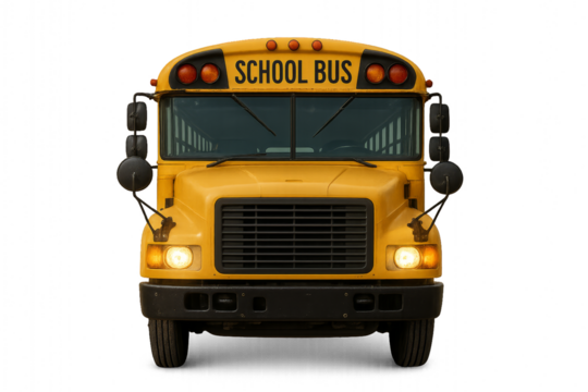 Realistic school bus illustration isolated on transparent background, classic yellow vehicle symbol for back to school season and academic design use