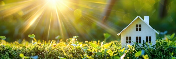 Sunny morning, model house in grass, forest background; real estate
