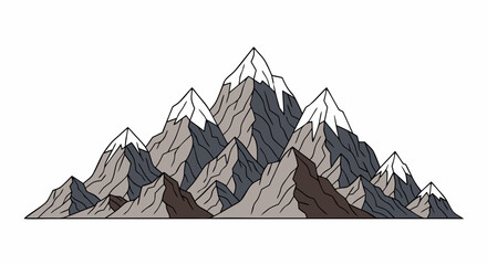 Hand Drawn Mountain Range Peaks with Snow, Simplistic Vector Illustration Landscape, Rocky Peaks and Ridges View, Decorative Line Art Drawing 3D