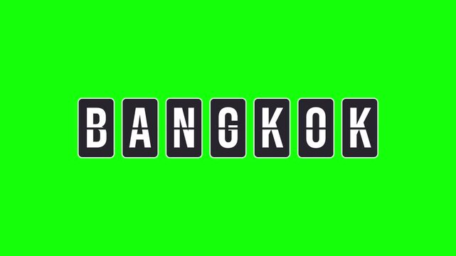 Bangkok destination name animation on a spinning flipboard display. Airport-style travel information board turning to form the city name. Video with transparent background, alpha channel.