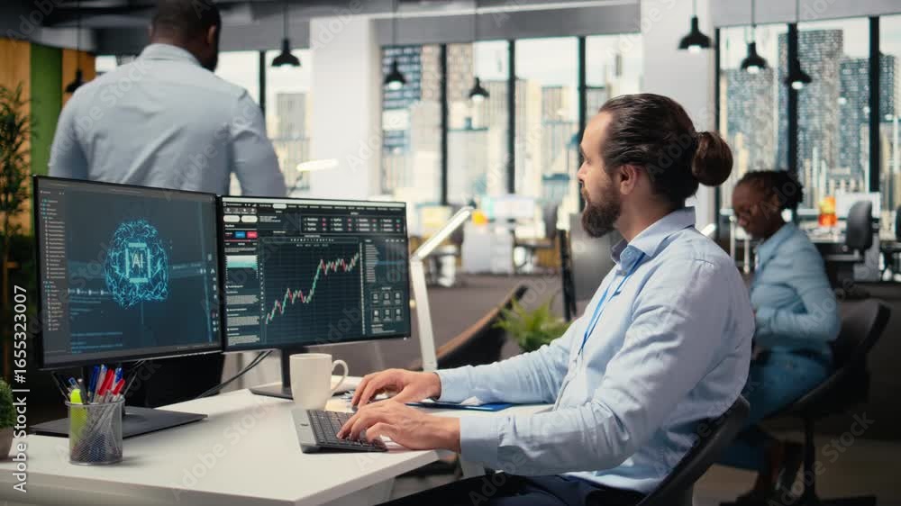 Poster day trader in office leverages ai analytics to interpret candlestick charts, optimizing buy and sell