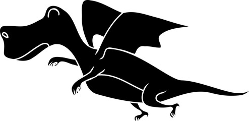 Obraz premium Silhouette of flying baby dragon cartoon in black style, fantasy animal clipart for children and design projects 