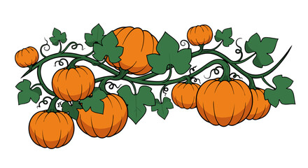 Decorative orange pumpkins and green leaves vine, a vibrant element for seasonal designs bringing a sense of harvest charm perfect for various