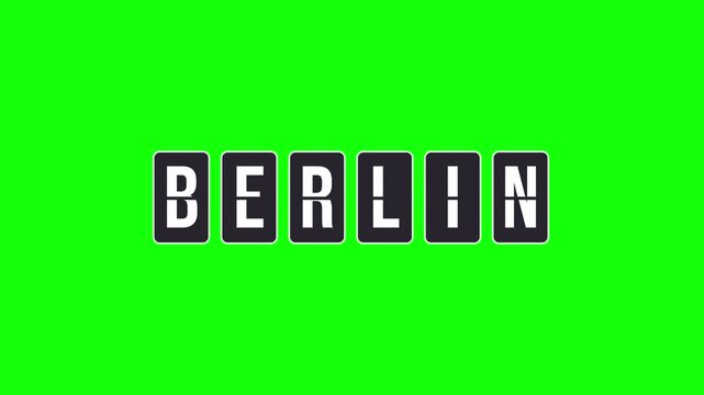 Animation of a retro airport flipboard spinning to form the destination city name Berlin. Mechanical travel display concept with transparent background, alpha channel included for easy keying.