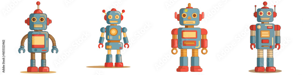 Poster discover a playful collection of vintage retro robots, perfect for adding a touch of nostalgic sci-f