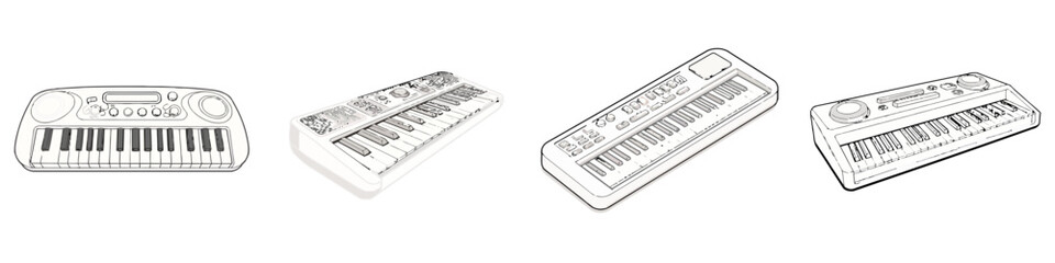 Fototapeta premium Four distinct electronic keyboards illustrated with clean line art, showcasing various button layouts and speaker designs, perfect for music creation and educational content.