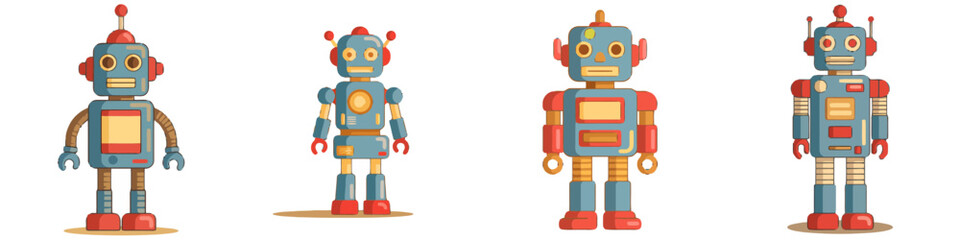 Discover a playful collection of vintage retro robots, perfect for adding a touch of nostalgic sci-fi charm to your creative projects.