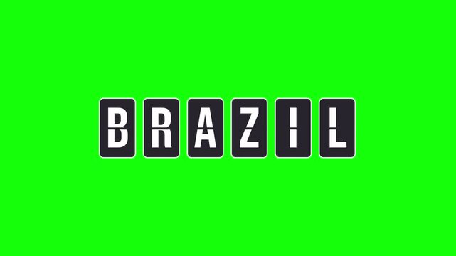 Brazil destination name revealed by a spinning flipboard animation. Mechanical airport display board letters forming the word. Isolated on a transparent background with alpha channel for easy keying.