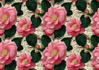 Fototapeta premium Seamless embroidered pink camellia blossoms with green leaves on ivory beaded textile decorative fabric background