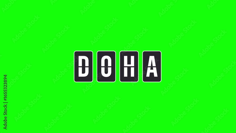 Poster doha destination name appearing on a turning flipboard animation. mechanical split-flap display for 