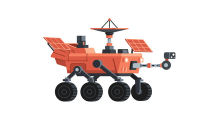Whimsical robotic vehicle for exploring distant planets with solar panels and an antenna array expedition on white background