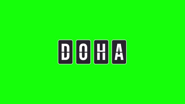 Doha destination name appearing on a turning flipboard animation. Mechanical split-flap display for an airport or train station. Video with alpha channel for a transparent background.