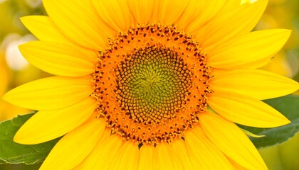 Obraz premium Close-up view of a vibrant sunflower, showcasing the intricate details of its bright yellow petals and a rich, dark center.
