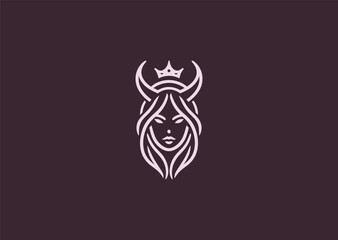 A fierce minimalist Demon Queen logo in clean line art, representing dark beauty, power, and mystique.