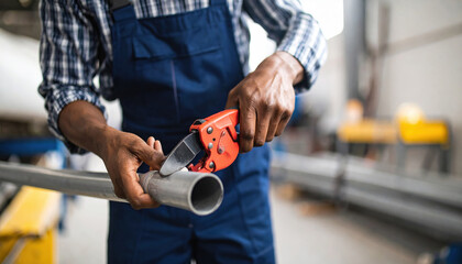 Person wearing blue overalls and checkered shirt is cutting metal pipe with handheld pipe cutter workshop setting. background shows tools and equipment, indicating work environment focused