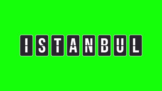 Istanbul destination name animation. Airport-style flipboard with spinning letters forming the word for a travel concept. Video with transparent background and alpha channel for easy integration.