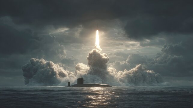Rocket launch from submarine over dark sea