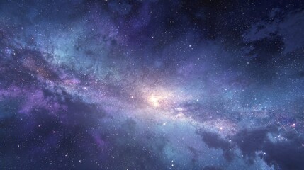 Stunning depiction of the cosmos, filled with swirling nebulae, stars, and vibrant purples and blues